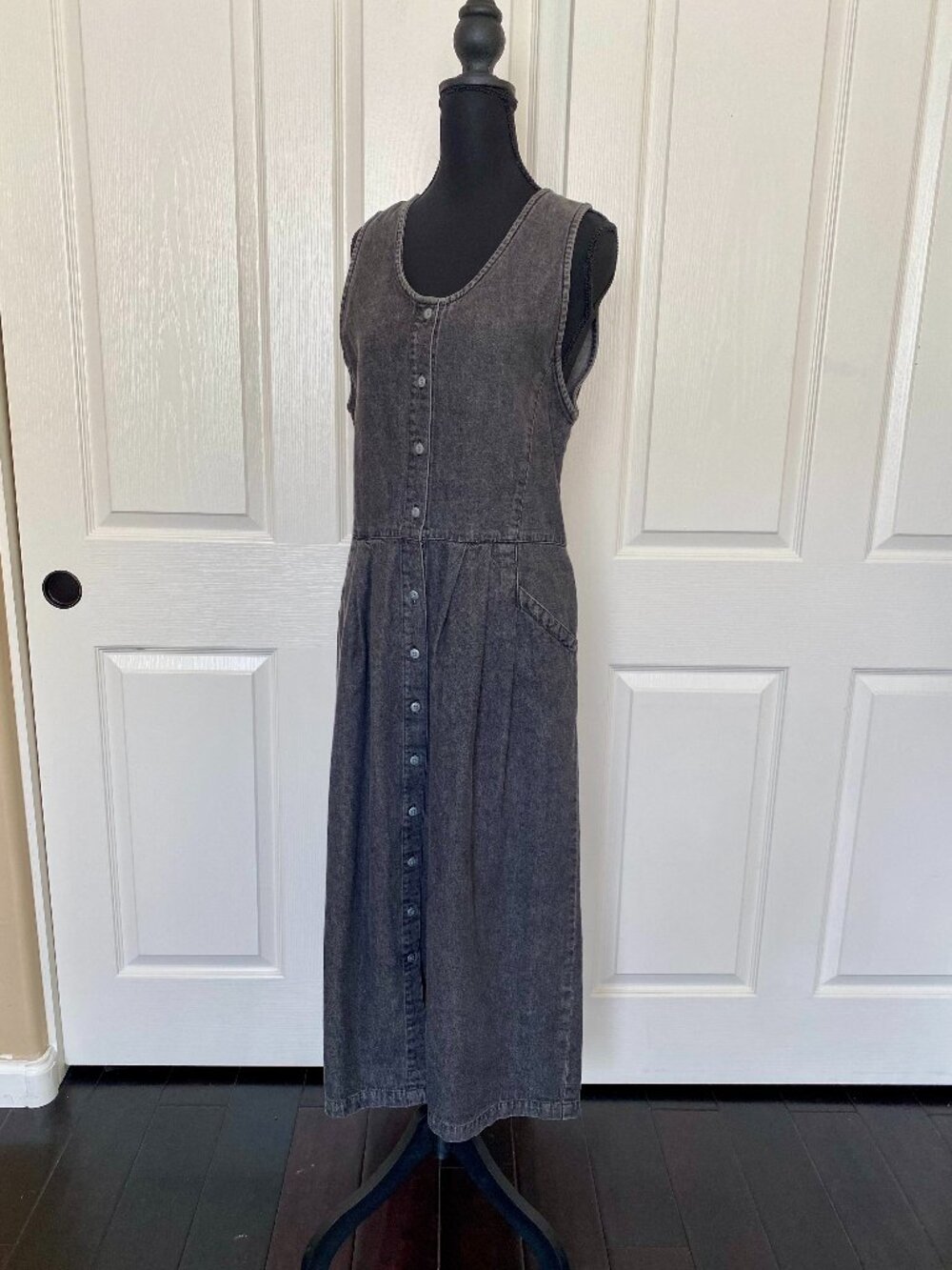 Vintage Eddie Bauer 100% Cotton Denim Midi Dress Black Wash Button Front S